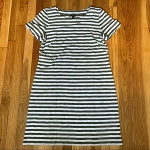 Talbots Army Green and White Striped Scallop Neck and Sleeve Dress